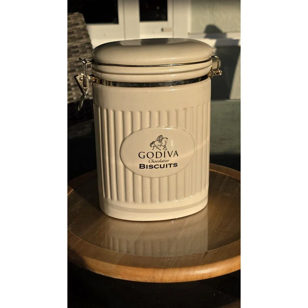 Godiva Chocolatier Biscuits Oval Ceramic Jar Canister w/ Latch Lid Cream Color